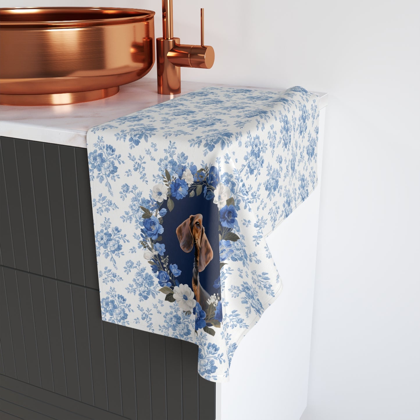 Blue Floral Dachshund Dog Portrait Hand Towel – Cute Pet Bathroom Accessory