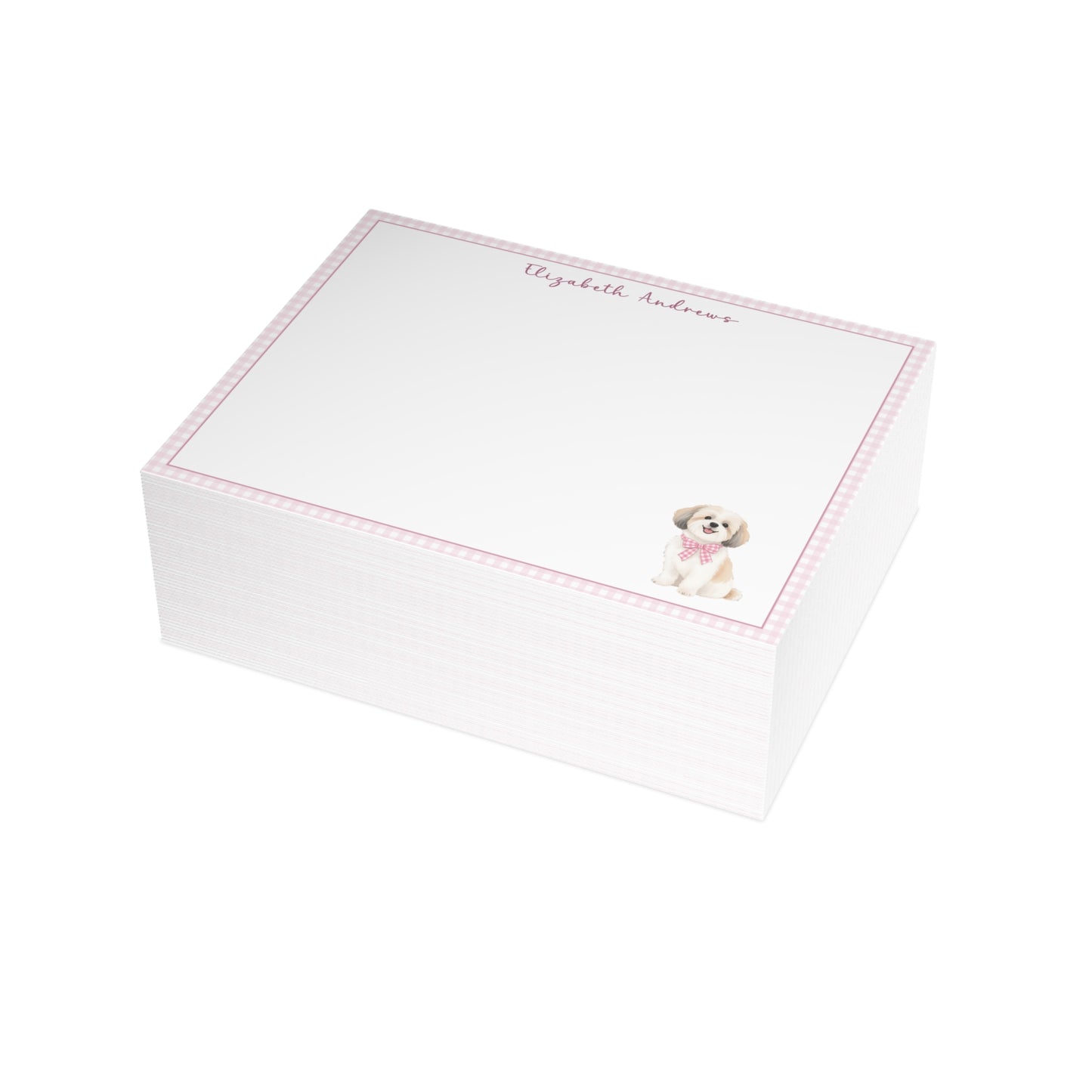 Shih Tzu Dog Pink Gingham Personalized Notecard Set
