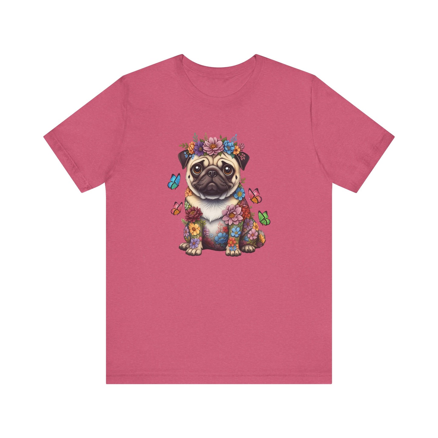 Whimsical Floral Pug Tee – Colorful Dog Lover Shirt with Butterflies