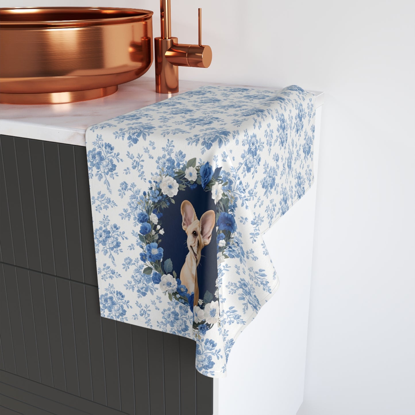 Blue Floral Fawn French Bulldog Portrait Hand Towel – Cute Pet Bathroom Accessory