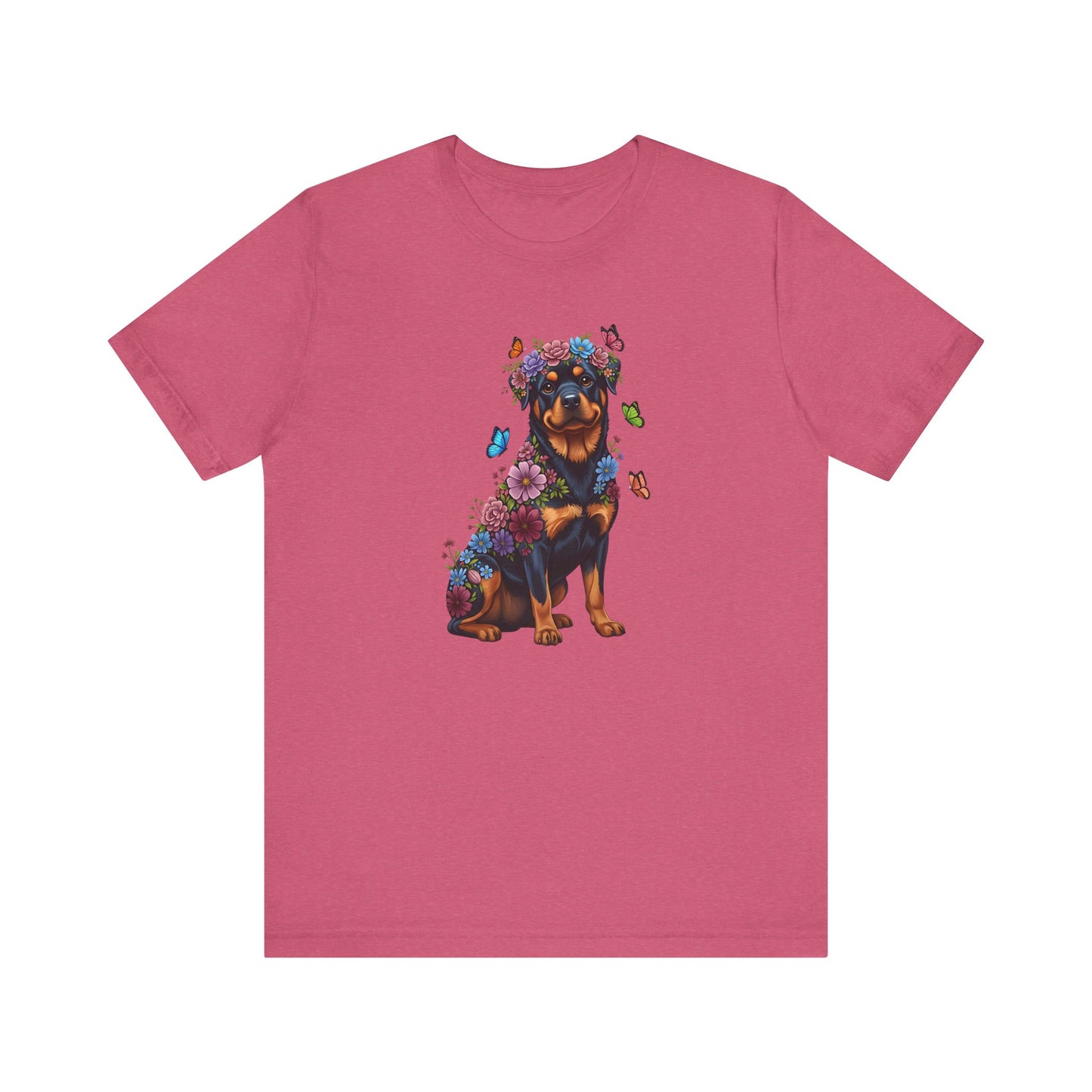 Whimsical Floral Rottweiler Tee – Colorful Dog Lover Shirt with Butterflies
