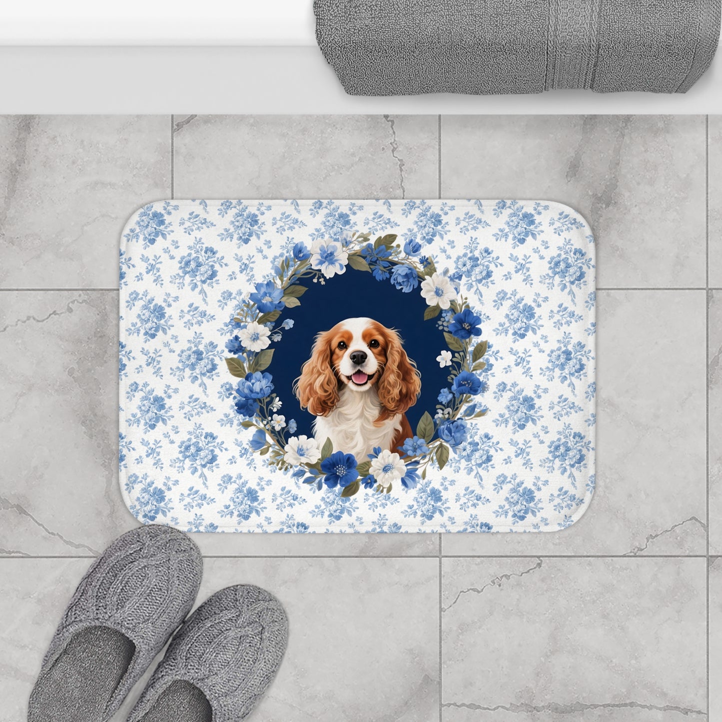 Blue Floral Cavalier Bath Mat – Cute Cavalier King Charles Spaniel Dog Bathroom Rug