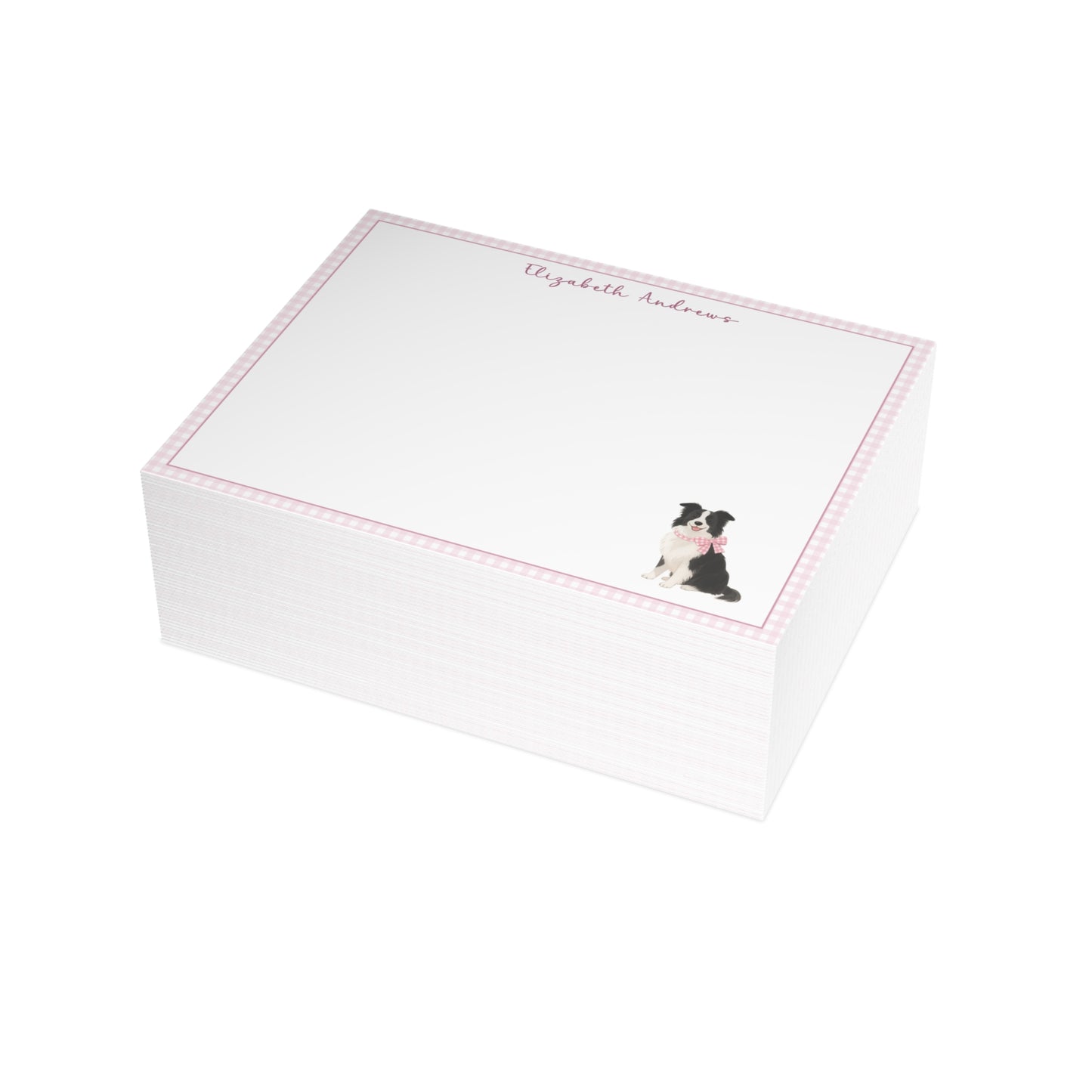 Border Collie Dog Pink Gingham Personalized Notecard Set