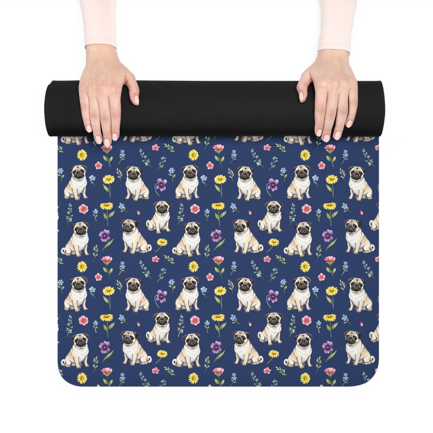 Pug Dog Floral Yoga Mat – Durable Non-Slip Rubber Surface for Home & Studio Practice