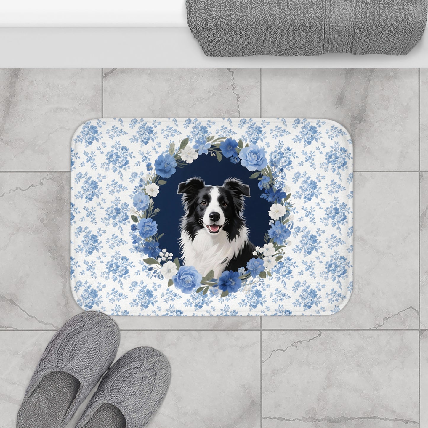 Blue Floral Collie Bath Mat – Cute Border Collie Dog Bathroom Rug