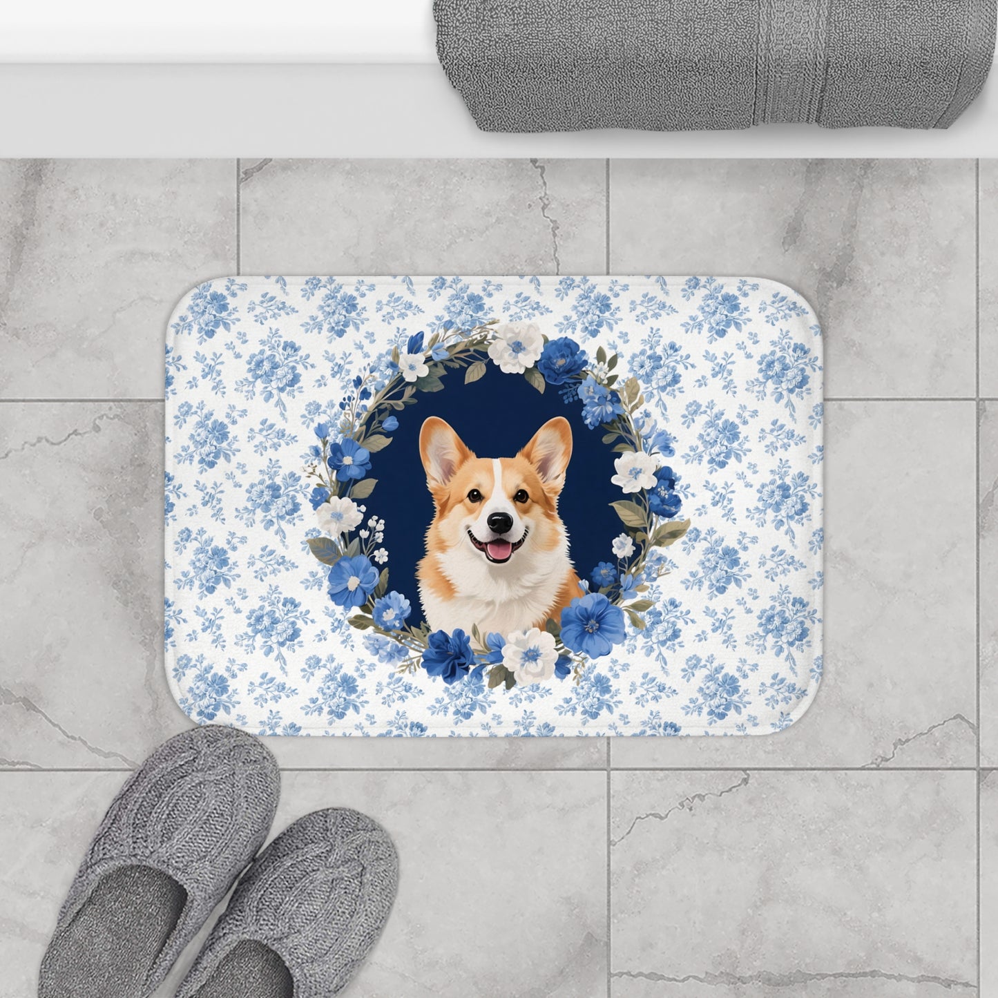 Blue Floral Corgi Bath Mat – Cute Corgi Dog Bathroom Rug