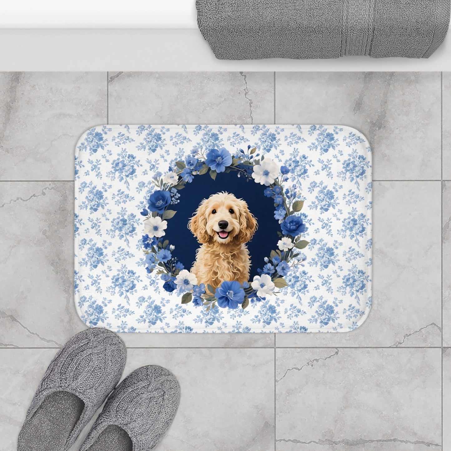 Blue Floral Doodle Bath Mat – Cute Goldendoodle Dog Bathroom Rug