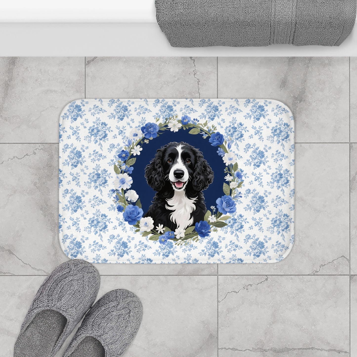 Blue Floral Portie Bath Mat – Cute Portuguese Water Dog Bathroom Rug