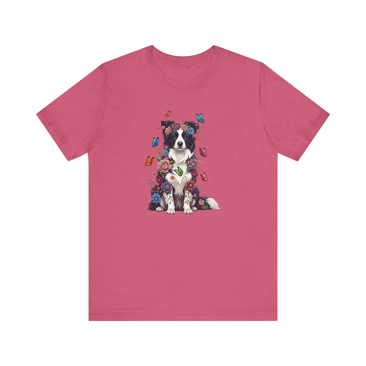 Whimsical Floral Border Collie Tee – Colorful Dog Lover Shirt with Butterflies