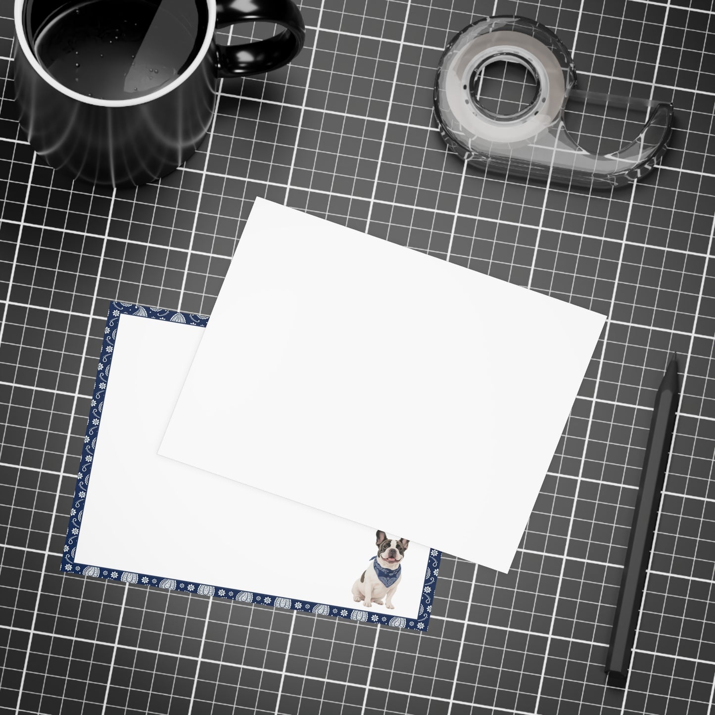 Personalized French Bulldog Navy Blue Paisley Notecard Set