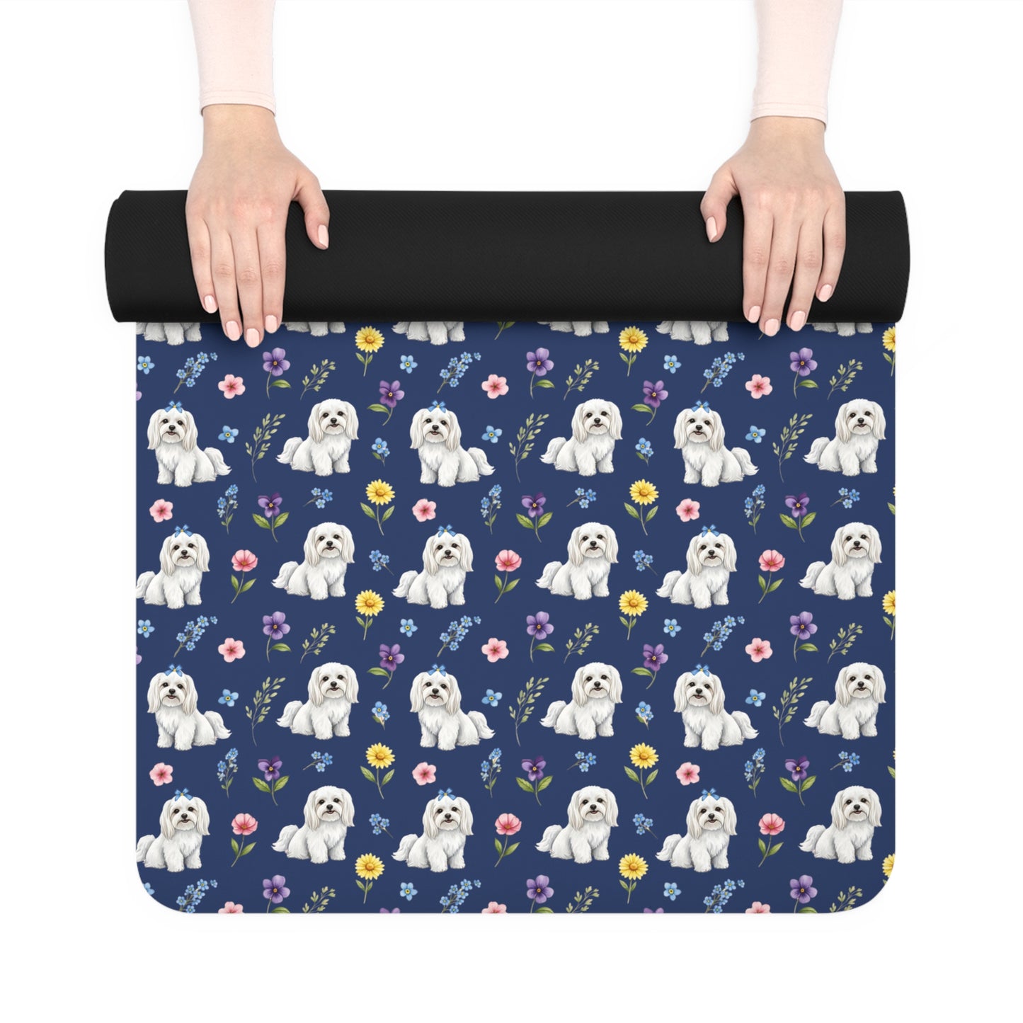Maltese Dog Floral Yoga Mat – Durable Non-Slip Rubber Surface for Home & Studio Practice