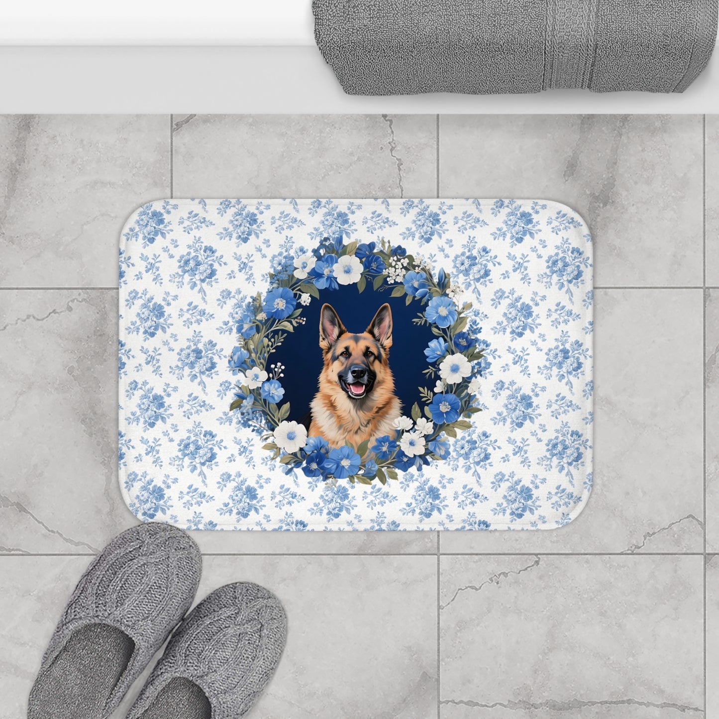 Blue Floral Shepherd Bath Mat – Cute German Shepherd Dog Bathroom Rug