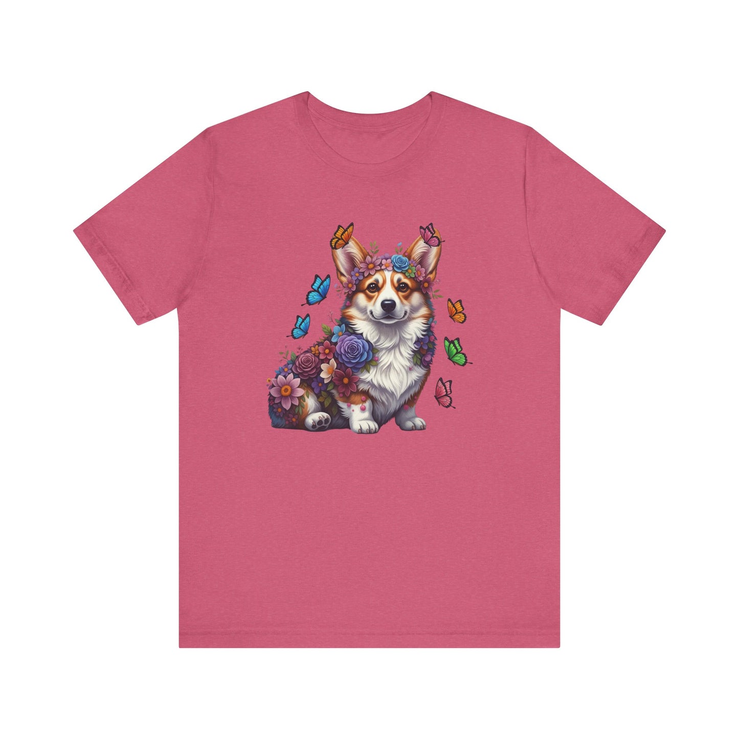 Whimsical Floral Corgi Tee – Colorful Dog Lover Shirt with Butterflies