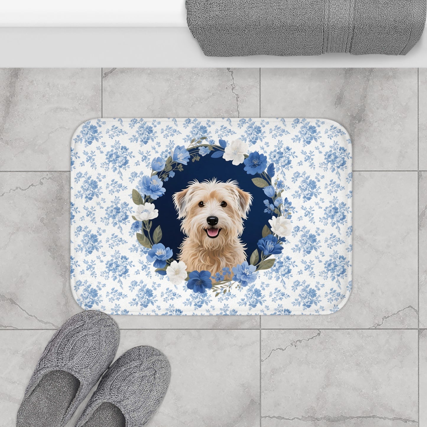 Blue Floral Wheaten Bath Mat – Cute Wheaten Terrier Dog Bathroom Rug