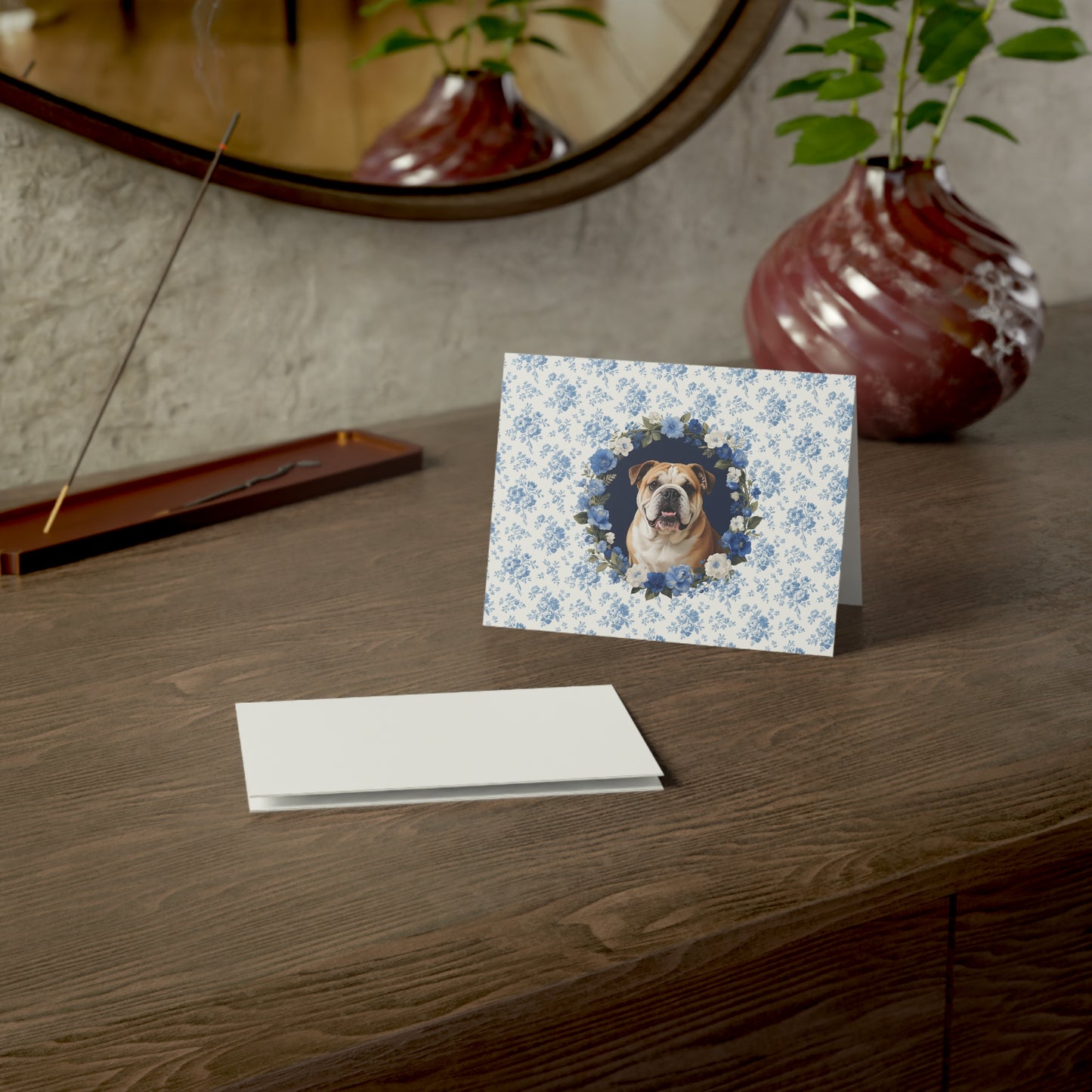 English Bulldog Blue Floral Greeting Card Set
