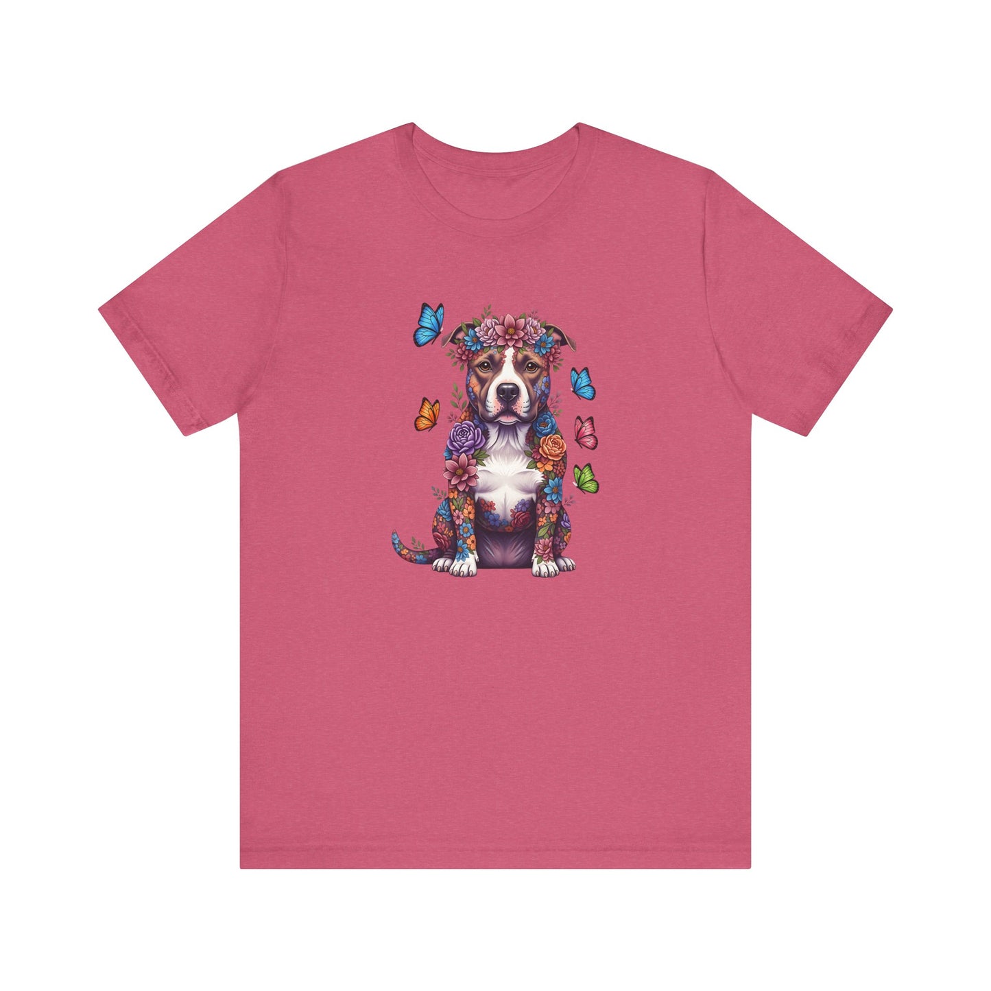 Whimsical Floral Pitbull Tee – Colorful Dog Lover Shirt with Butterflies