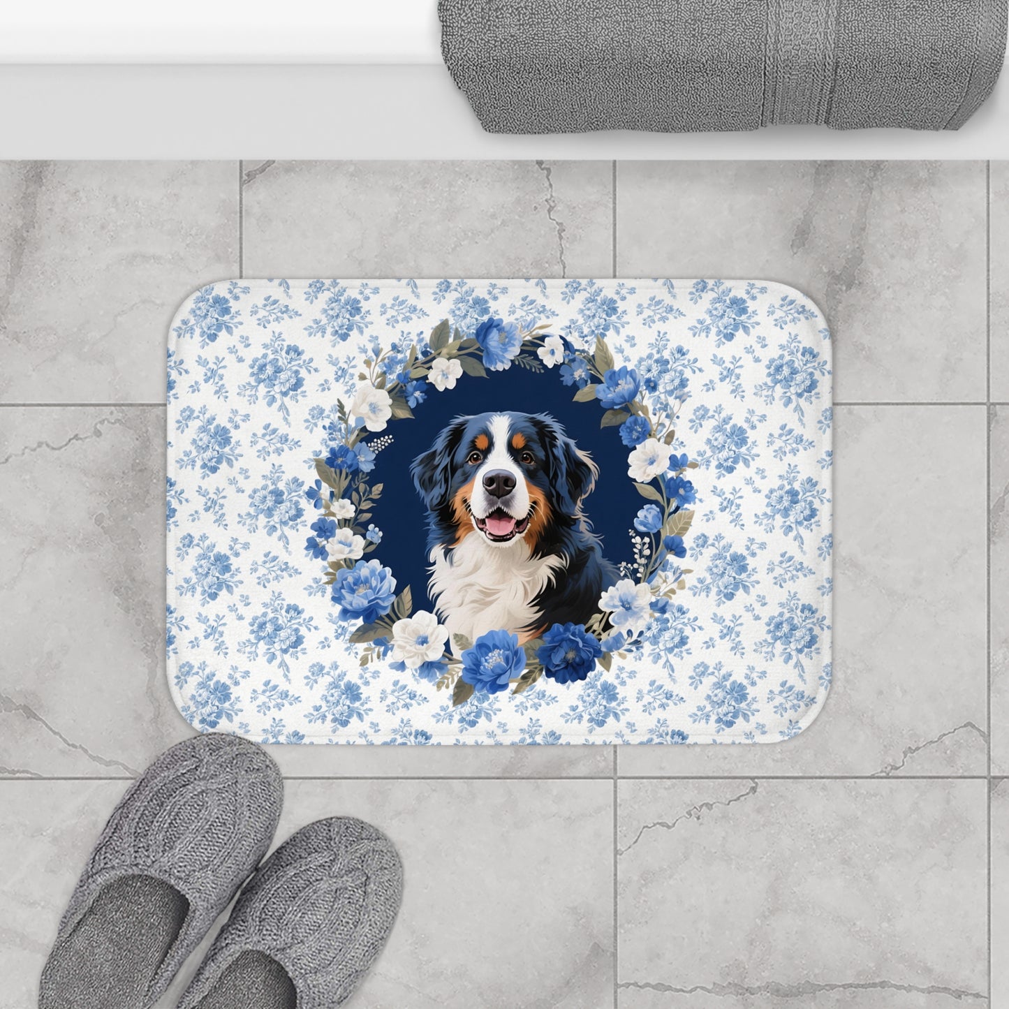 Blue Floral Berner Bath Mat – Cute Bernese Mountain Dog Bathroom Rug