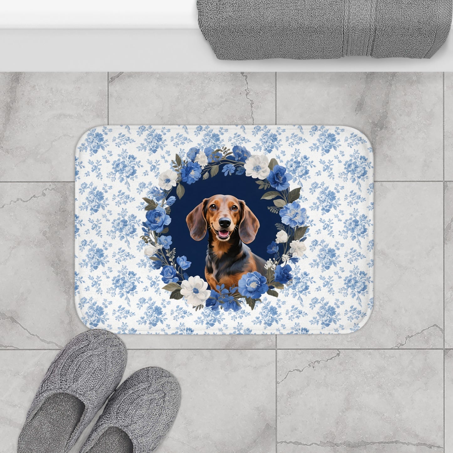 Blue Floral Doxie Bath Mat – Cute Dachshund Dog Bathroom Rug