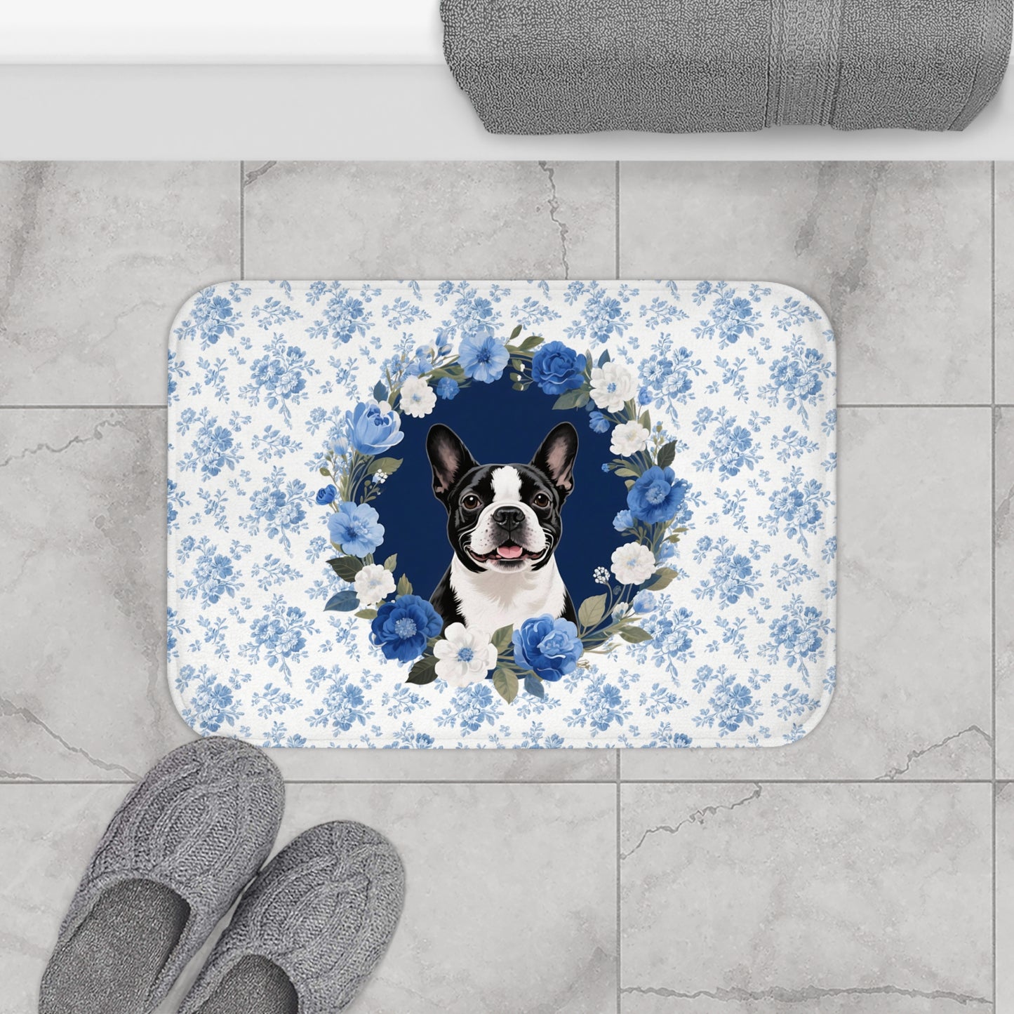 Blue Floral Bostie Bath Mat – Cute Boston Terrier Dog Bathroom Rug