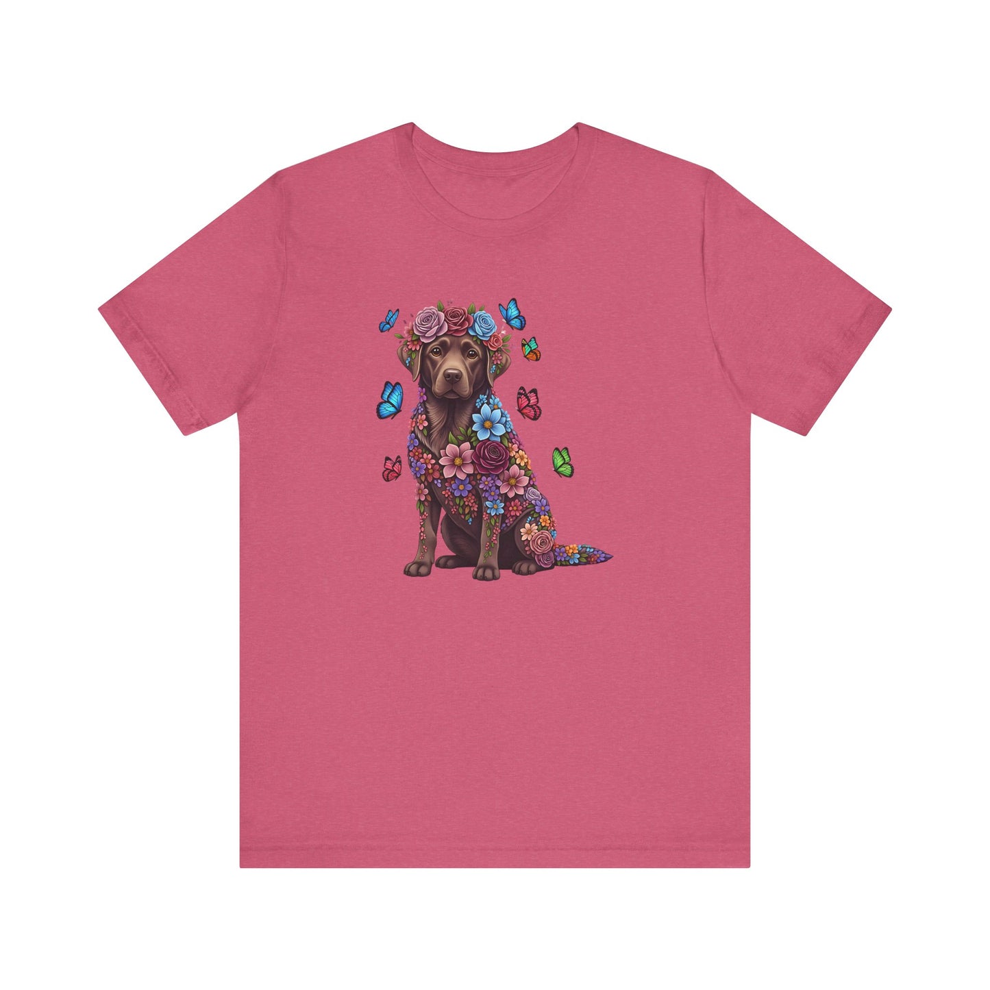 Whimsical Floral Chocolate Labrador Retriever Tee – Colorful Dog Lover Shirt with Butterflies