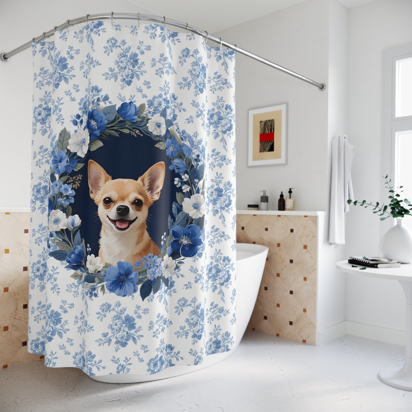 Chihuahua Dog Blue Floral Shower Curtain – Dog Portrait Bath Decor