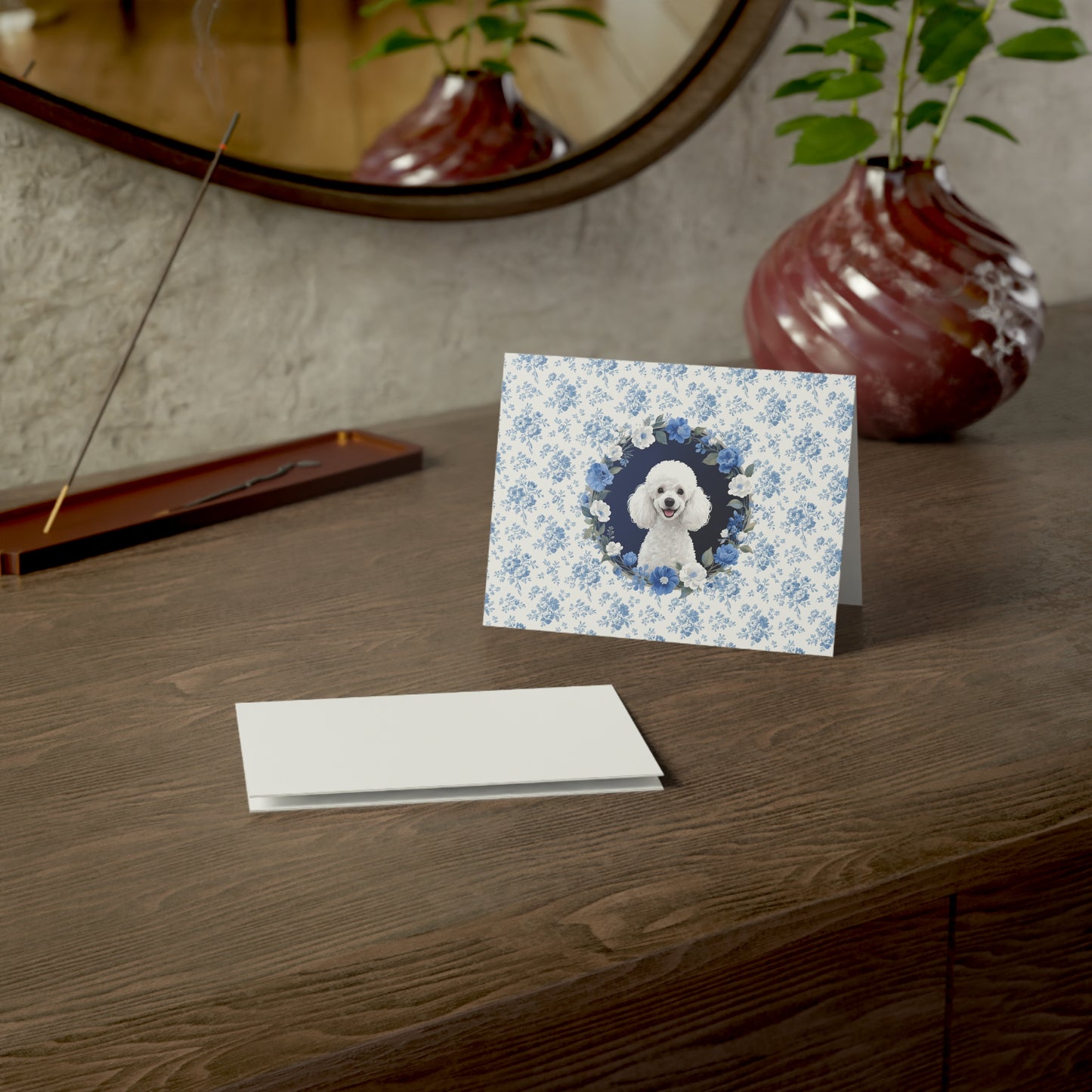 Poodle Dog Blue Floral Greeting Card Set