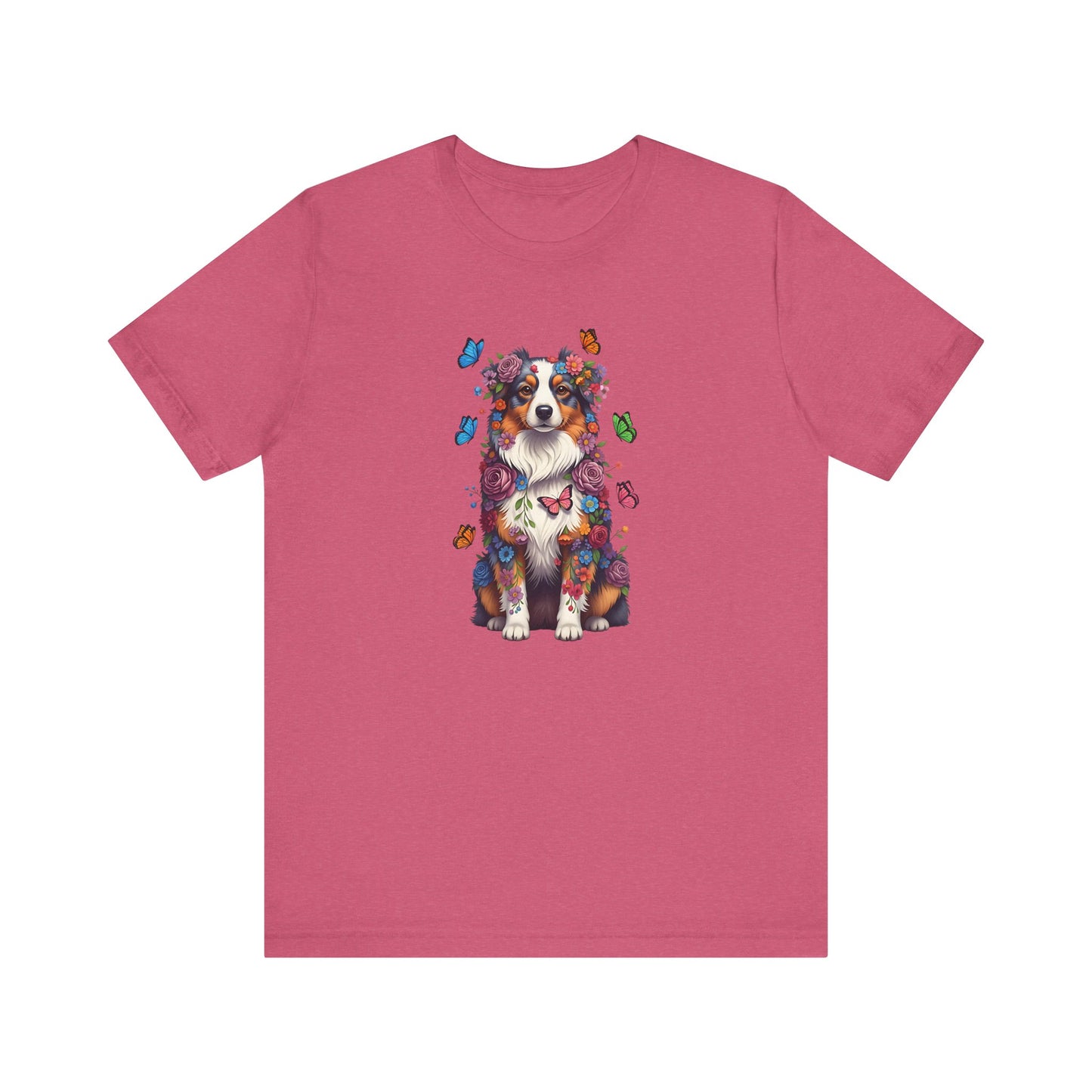Whimsical Floral Australian Shepherd Tee – Colorful Dog Lover Shirt with Butterflies