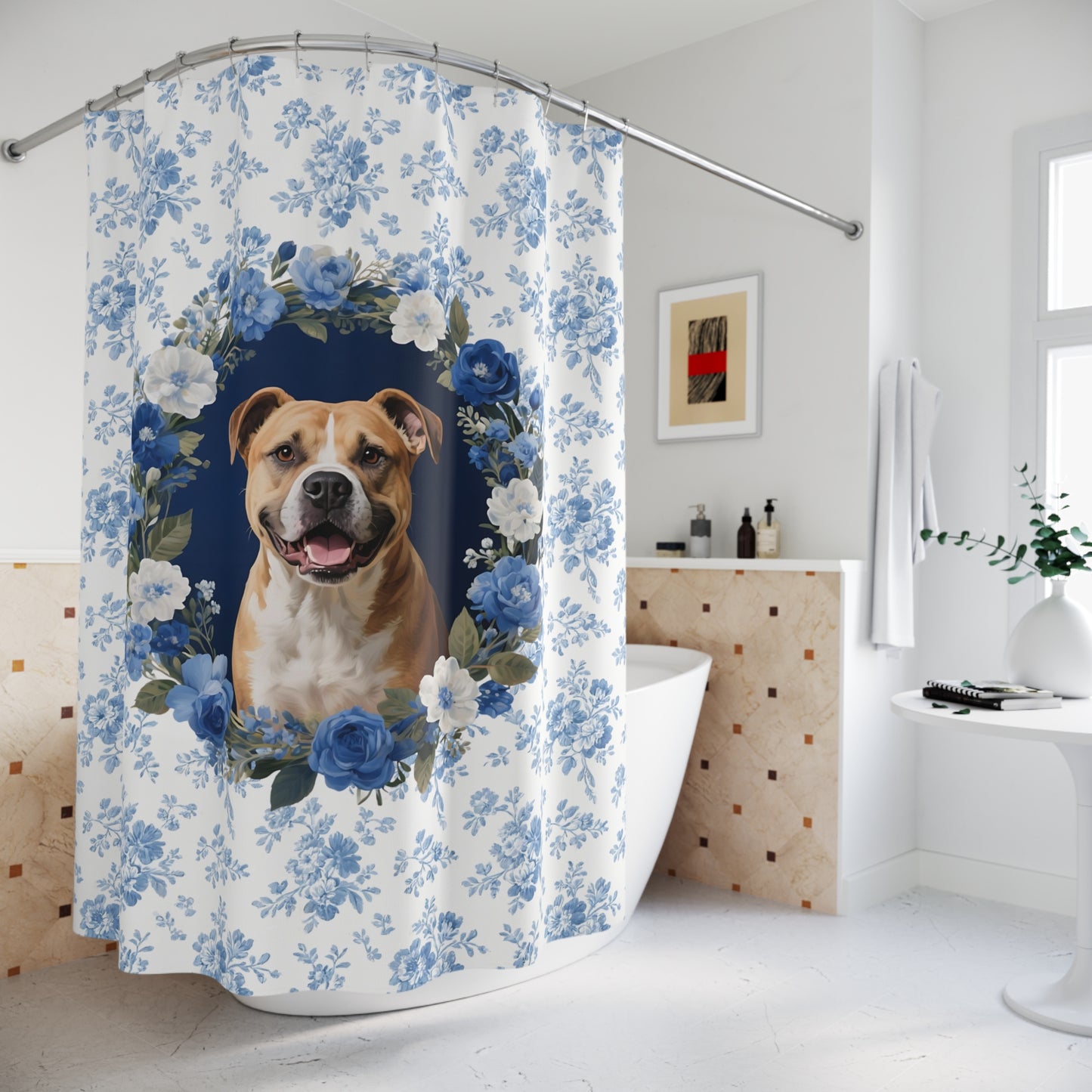 Pitbull Dog Blue Floral Shower Curtain – Dog Portrait Bath Decor