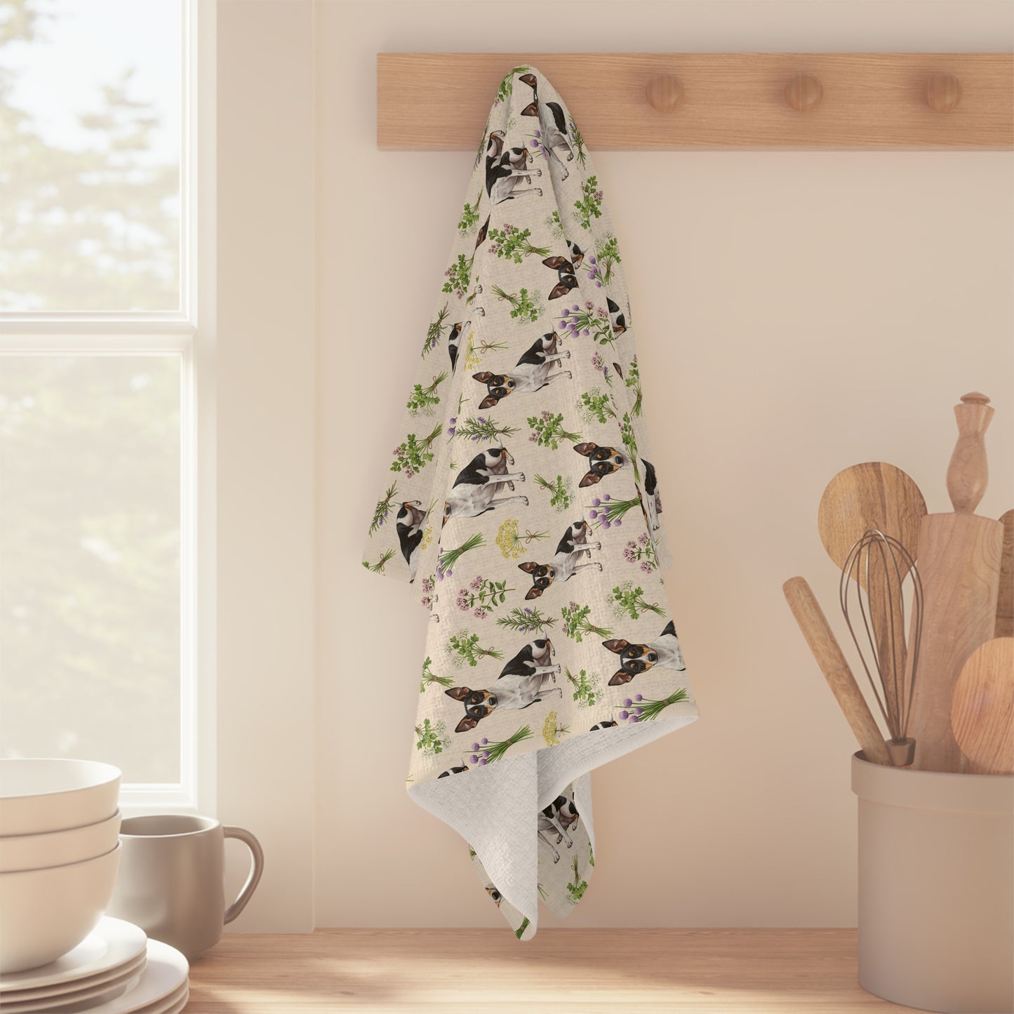 Rat Terrier Dog & Herbs Tea Towel - Floral Dog Kitchen Towel