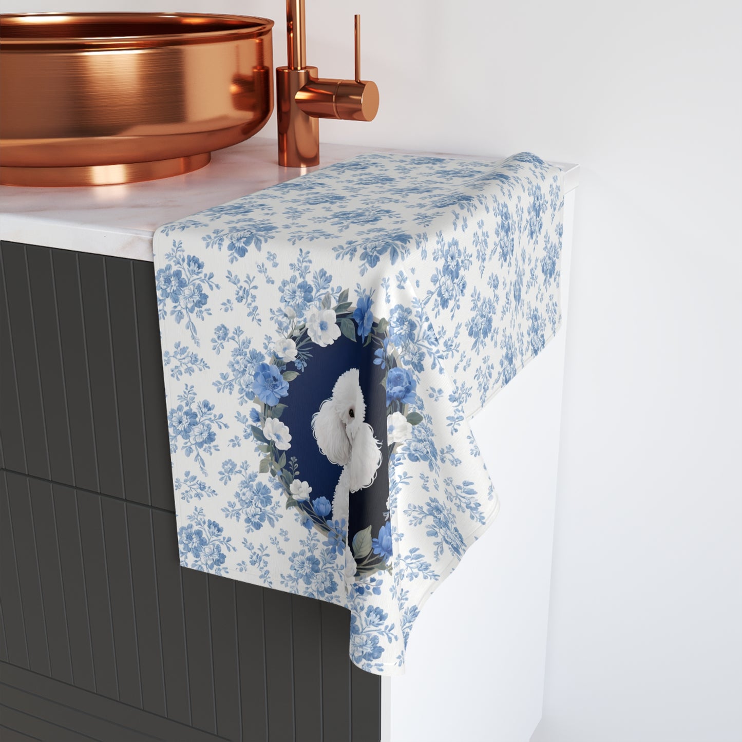 Blue Floral Poodle Dog Portrait Hand Towel – Cute Pet Bathroom Accessory