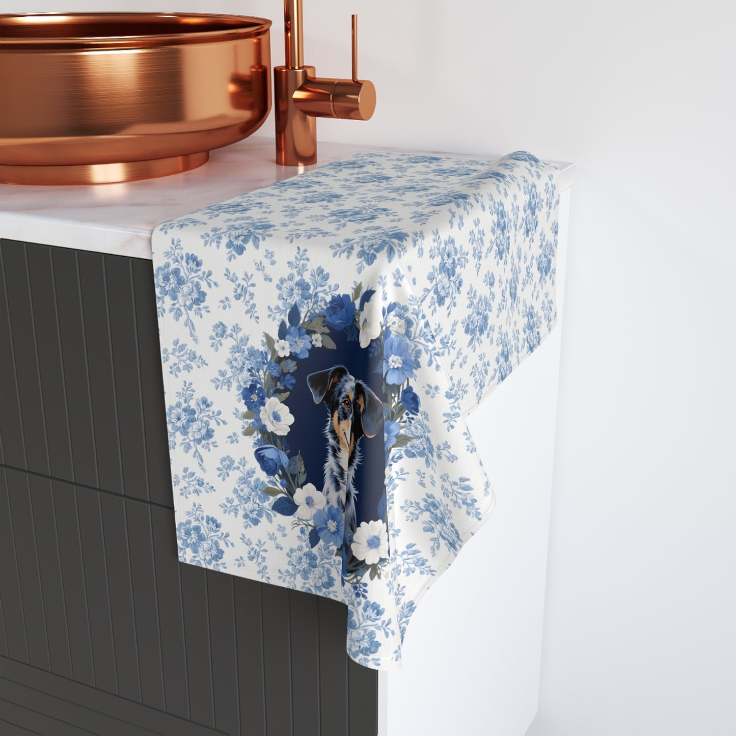 Blue Floral Australian Cattle Dog Portrait Hand Towel – Cute Pet Bathroom Accessory
