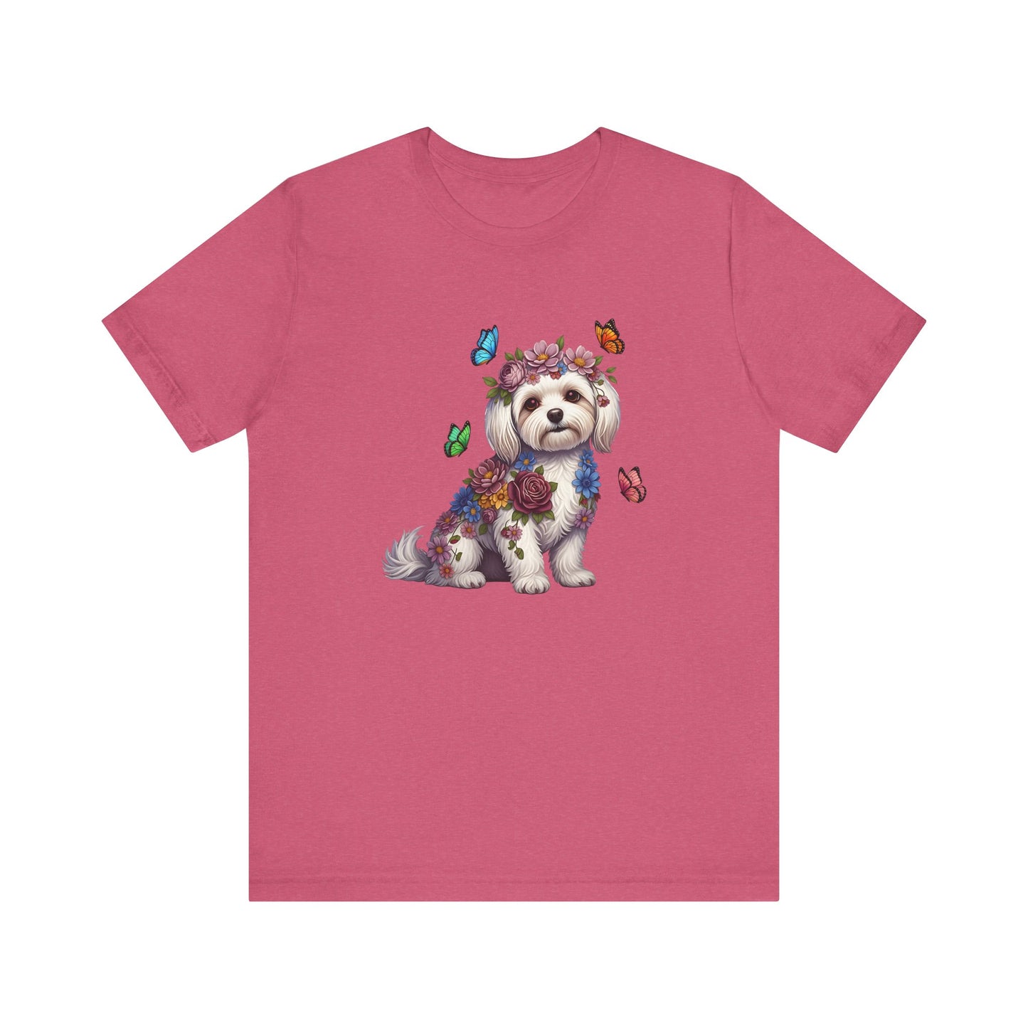 Whimsical Floral Maltese Tee – Colorful Dog Lover Shirt with Butterflies