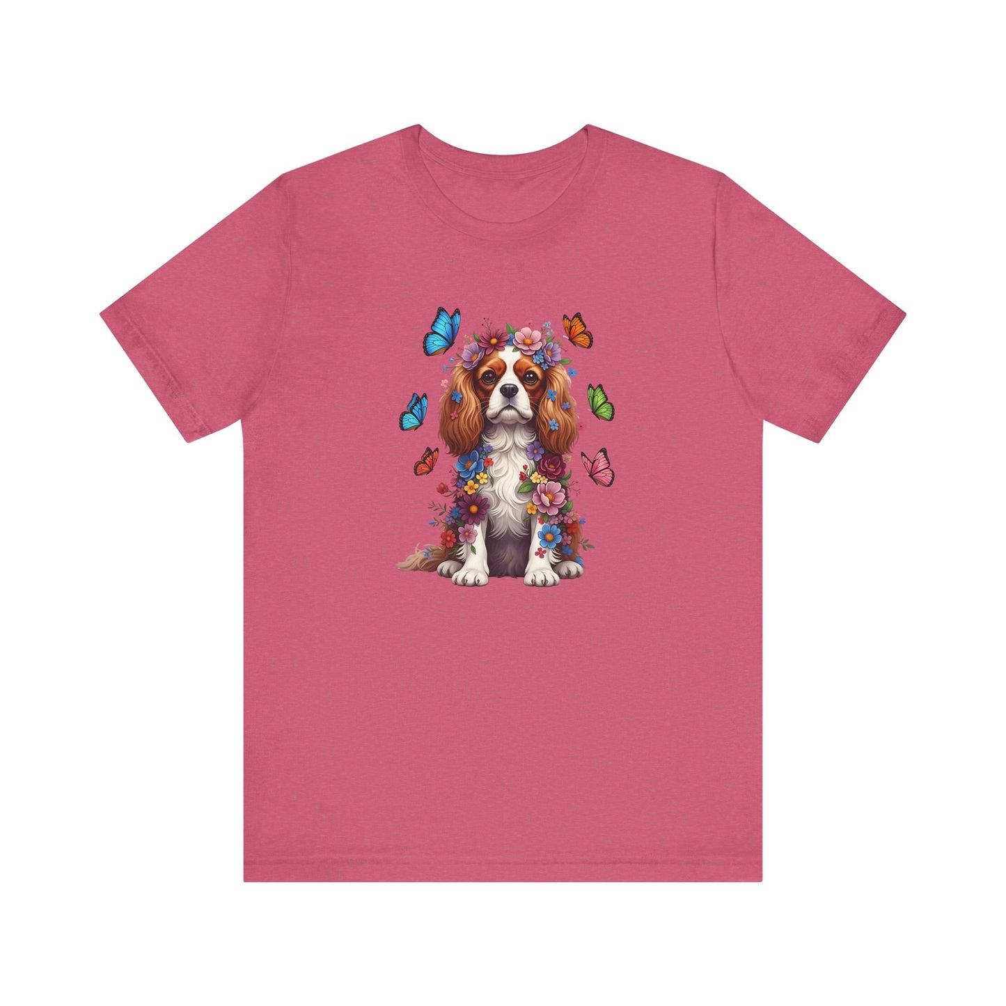 Whimsical Floral Cavalier King Charles Spaniel Tee – Colorful Dog Lover Shirt with Butterflies