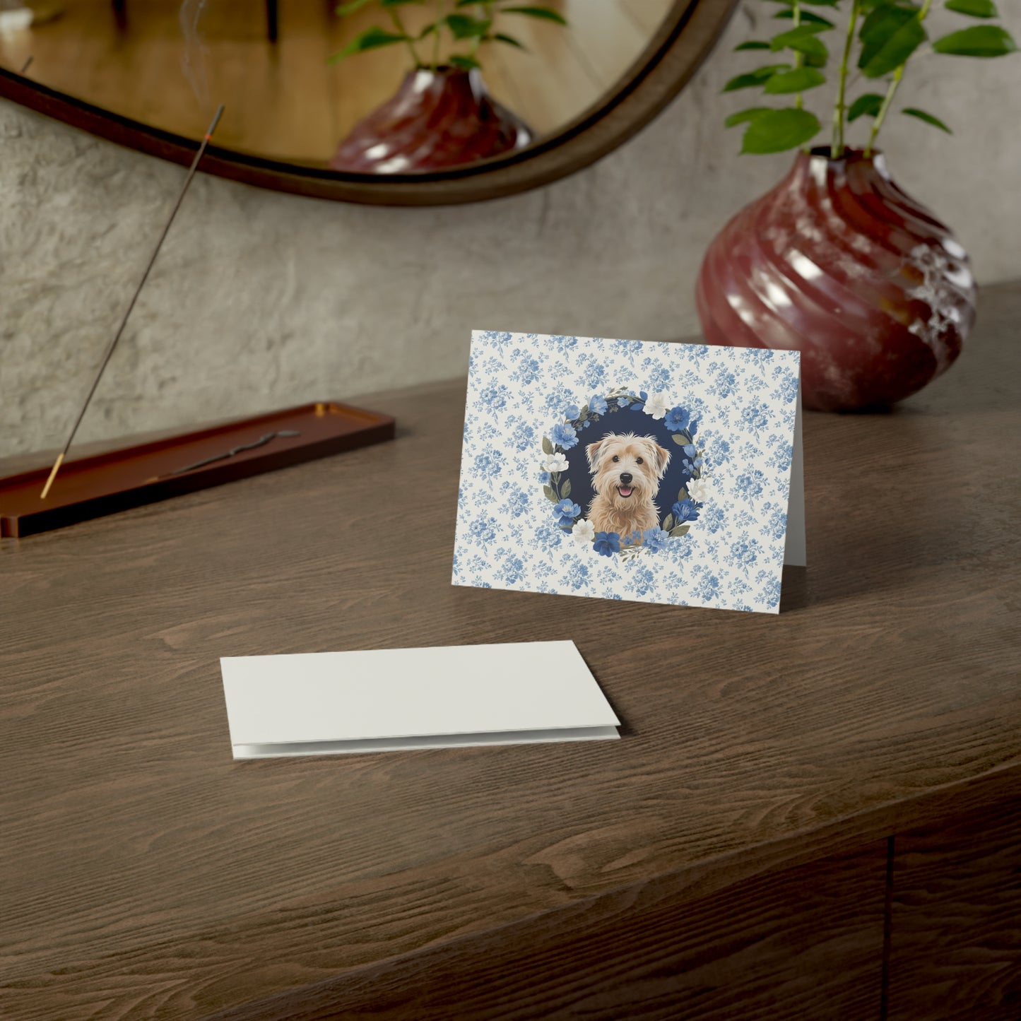 Wheaten Terrier Dog Blue Floral Greeting Card Set