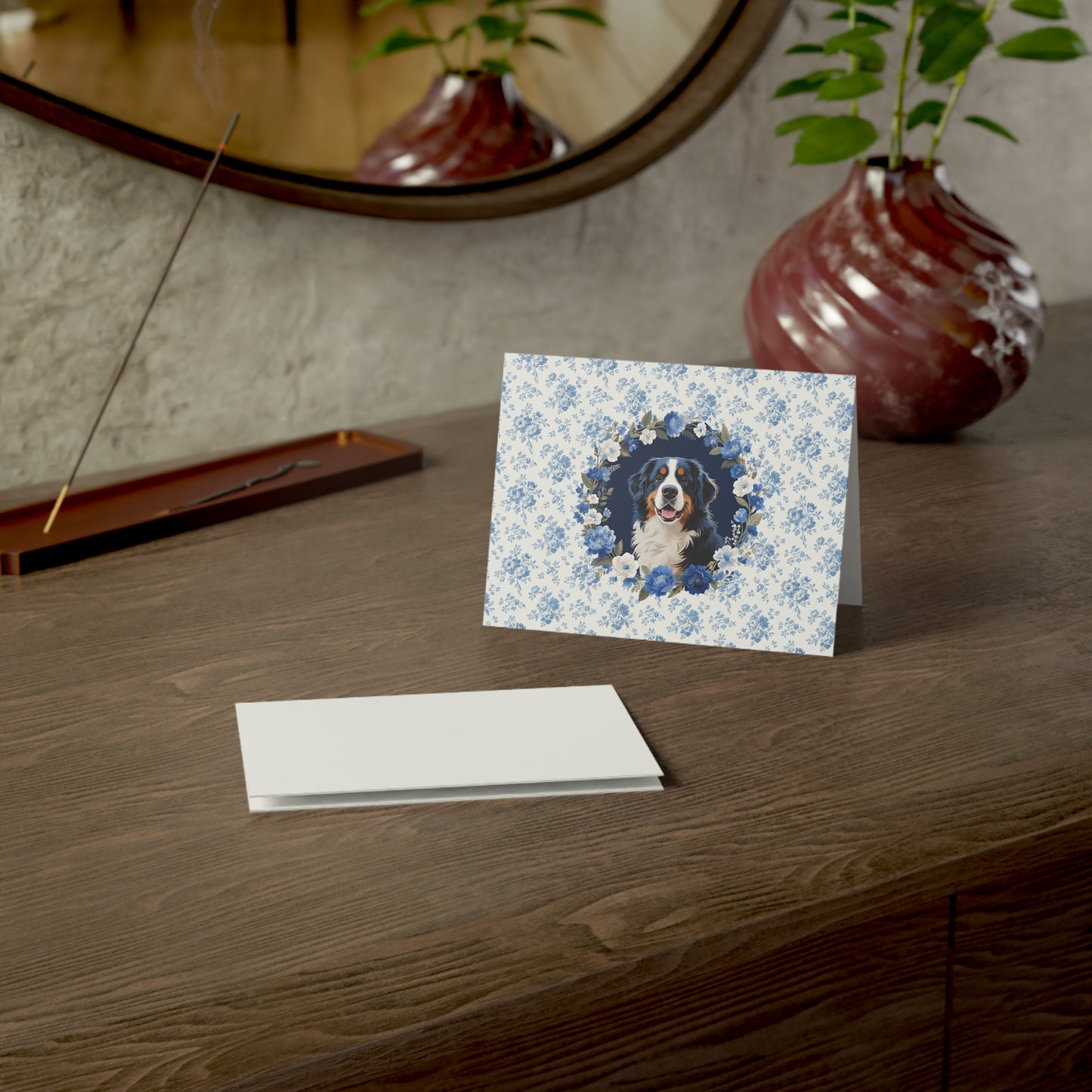 Bernese Mountain Dog Blue Floral Greeting Card Set