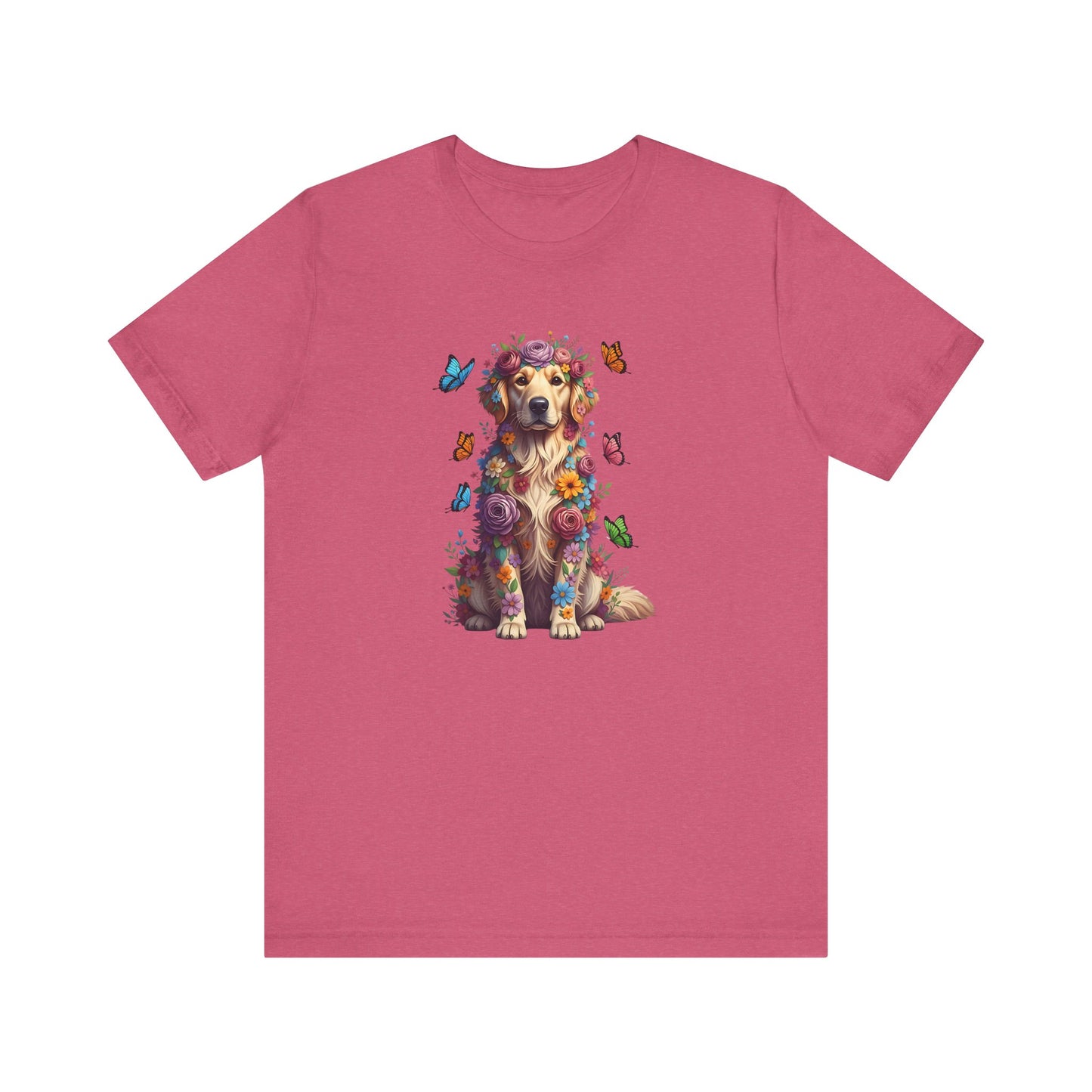 Whimsical Floral Golden Retriever Tee – Colorful Dog Lover Shirt with Butterflies