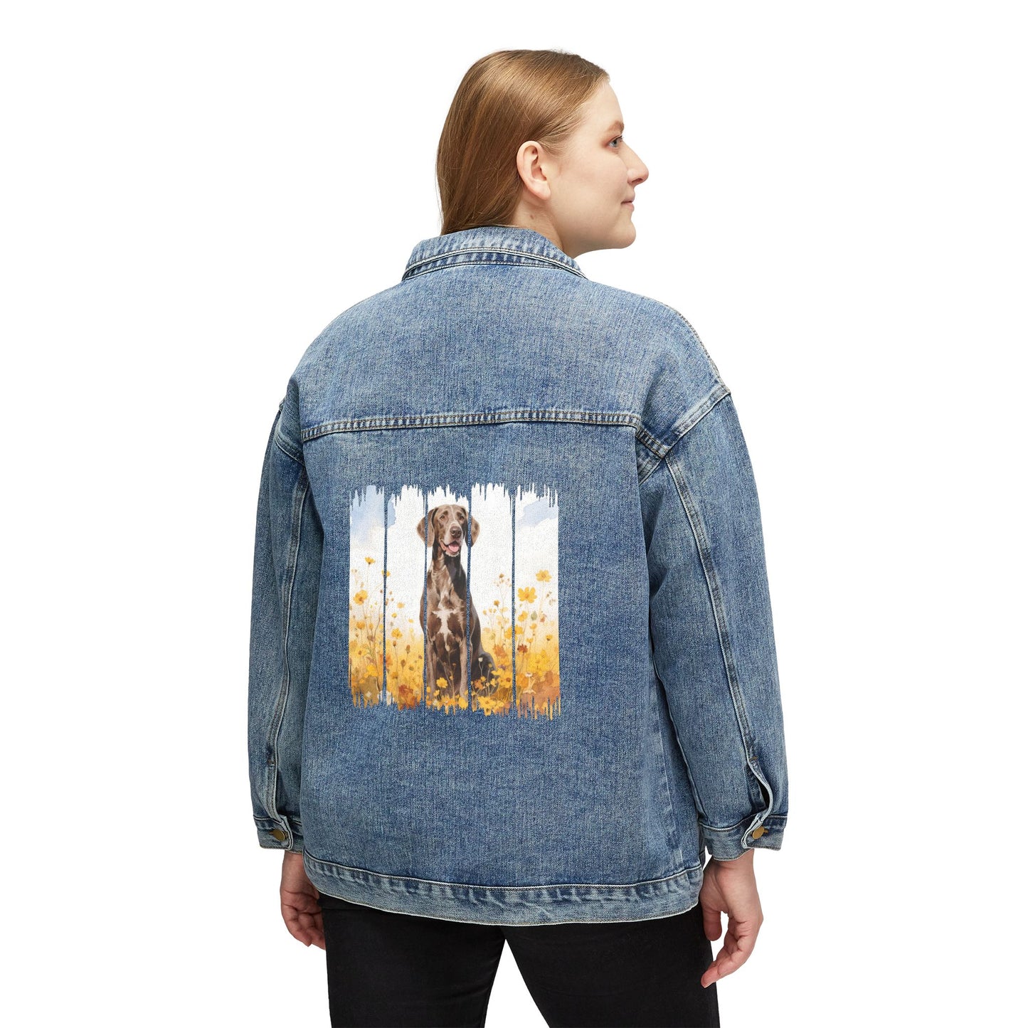 Trendy German Shorthaired Pointer Dog Women's Denim Jacket, Dog Demin Jacket, Gift for GSP Dog Mom, Gift for Dog Lovers, Fall Dog Style