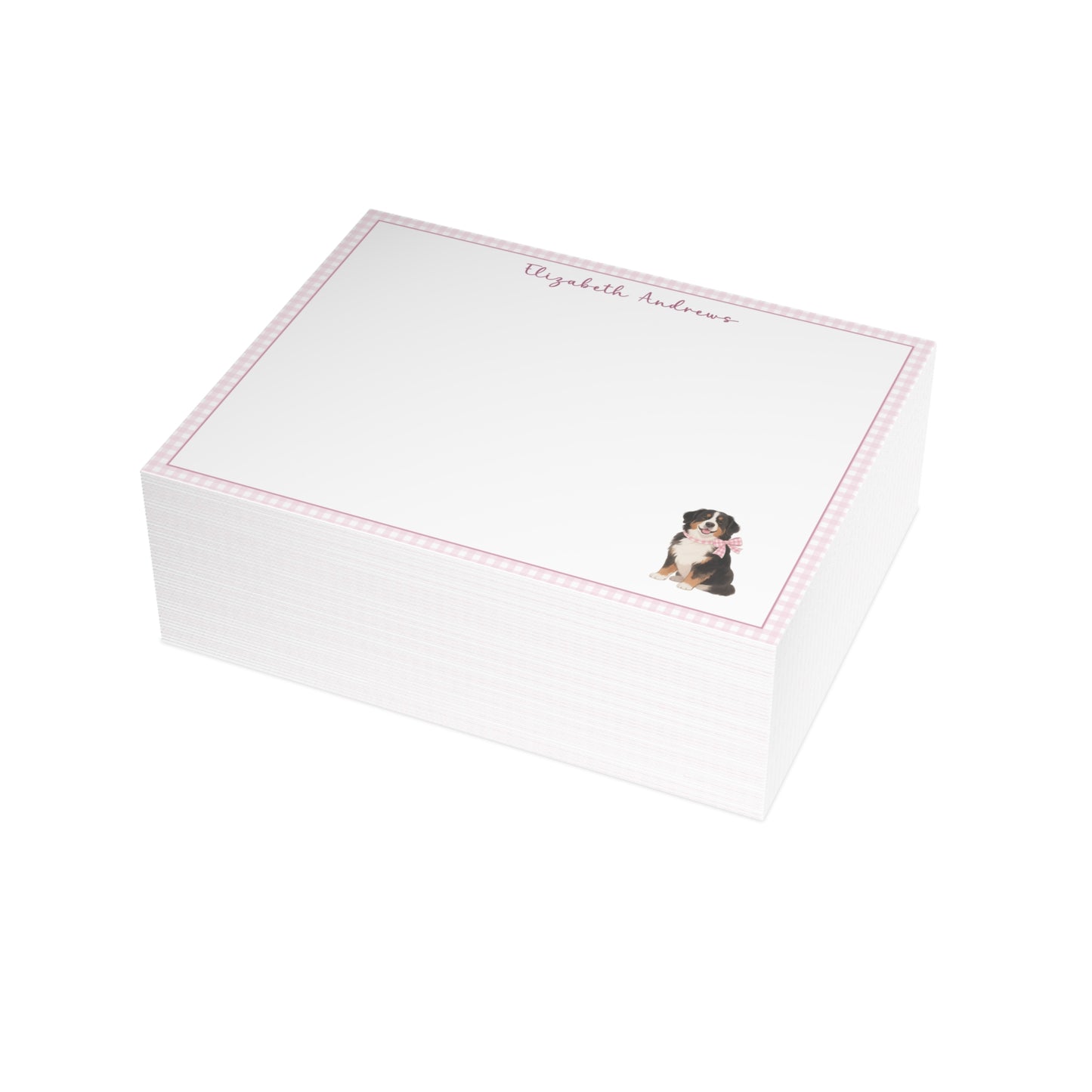 Bernese Mountain Dog Pink Gingham Personalized Notecard Set