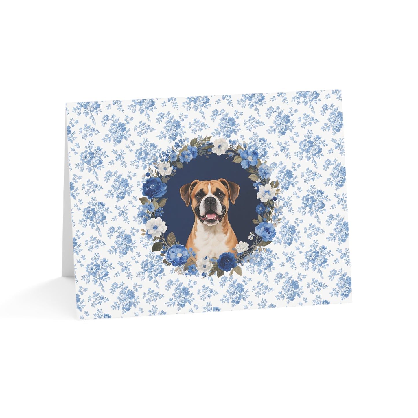 Boxer Dog Blue Floral Greeting Card Set