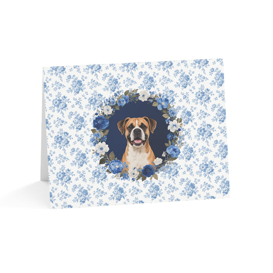 Boxer Dog Blue Floral Greeting Card Set
