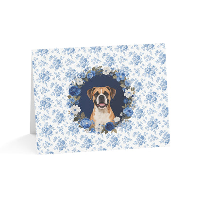 Boxer Dog Blue Floral Greeting Card Set