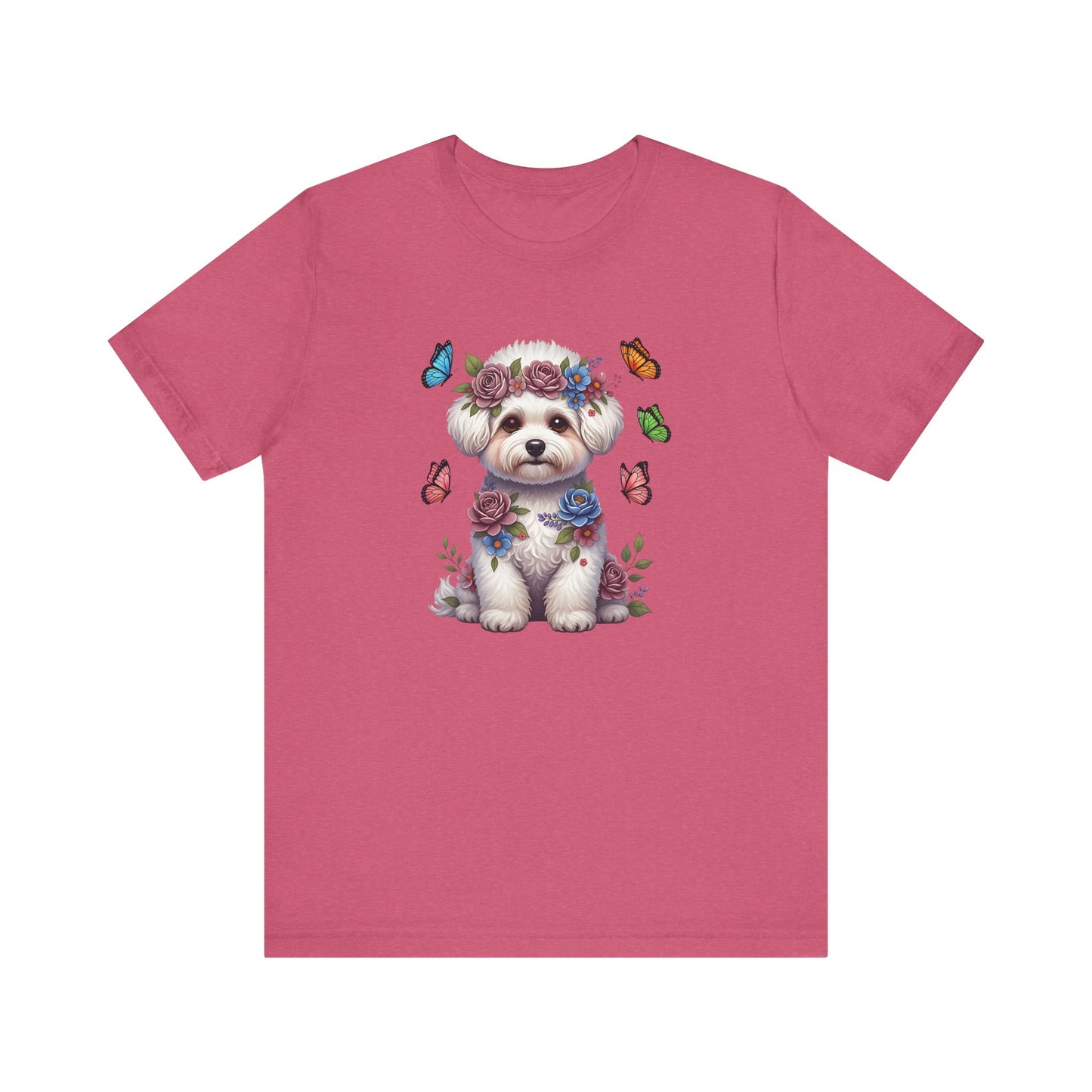 Whimsical Floral Bichon Frise Tee – Colorful Dog Lover Shirt with Butterflies