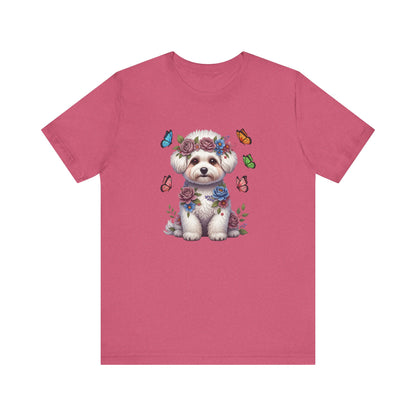Whimsical Floral Bichon Frise Tee – Colorful Dog Lover Shirt with Butterflies