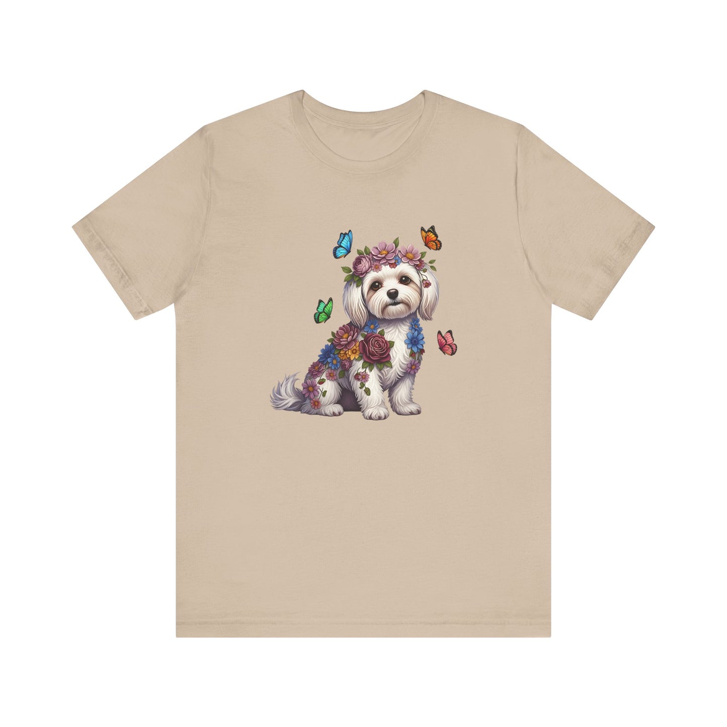 Whimsical Floral Maltese Tee – Colorful Dog Lover Shirt with Butterflies