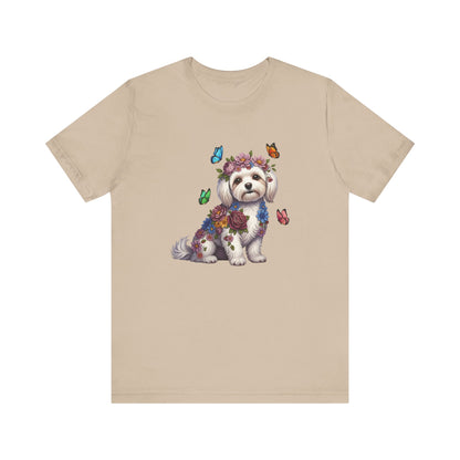 Whimsical Floral Maltese Tee – Colorful Dog Lover Shirt with Butterflies