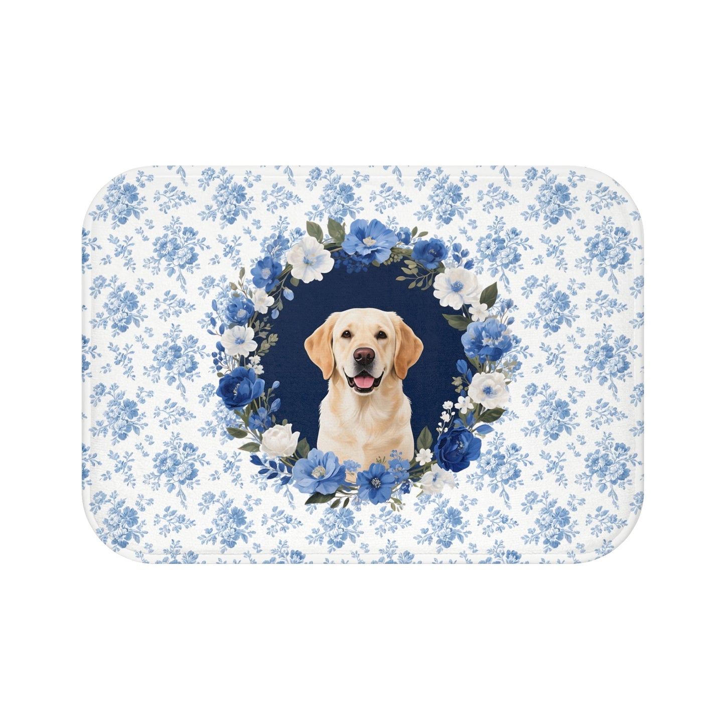 Blue Floral Lab Bath Mat – Cute Labrador Retriever Dog Bathroom Rug