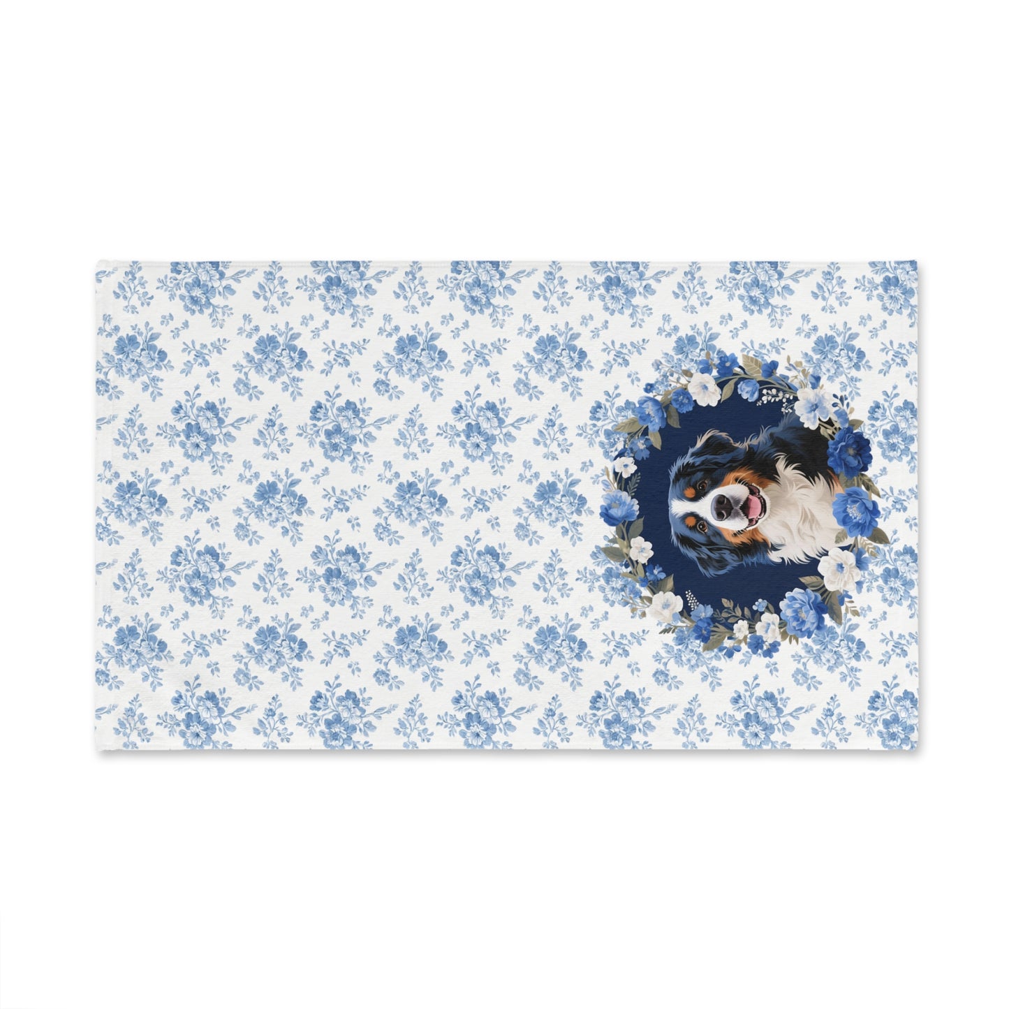 Blue Floral Bernese Mountain Dog Portrait Hand Towel – Cute Pet Bathroom Accessory