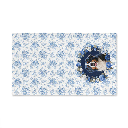 Blue Floral Bernese Mountain Dog Portrait Hand Towel – Cute Pet Bathroom Accessory