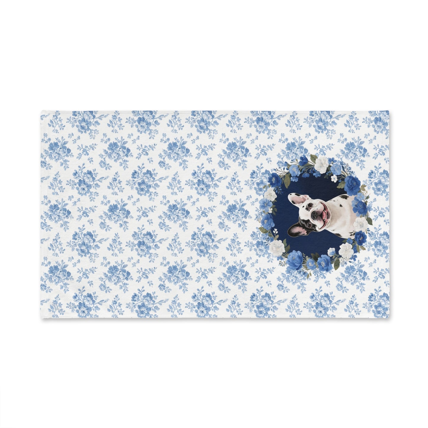 Blue Floral Pied French Bulldog Portrait Hand Towel – Cute Pet Bathroom Accessory