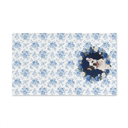Blue Floral Pied French Bulldog Portrait Hand Towel – Cute Pet Bathroom Accessory